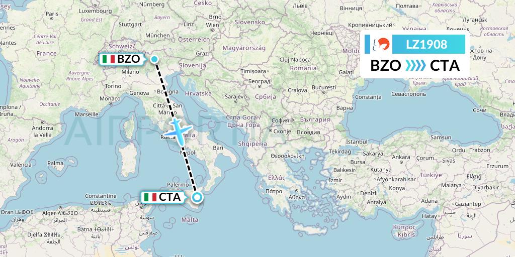 LZ1908 Air Link Flight Map: Bolzano to Catania