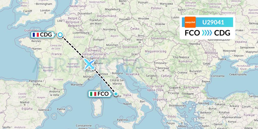 U29041 EasyJet Flight Map: Rome to Paris
