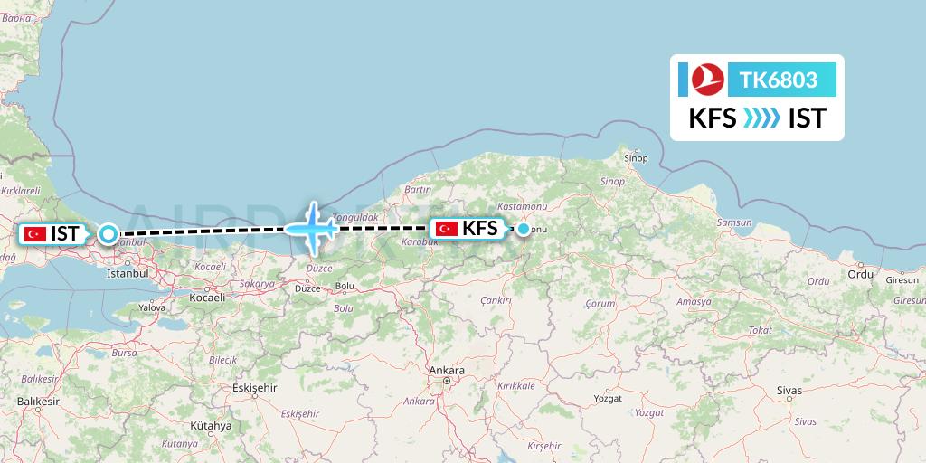TK6803 Turkish Airlines Flight Map: Kastamonu to Istanbul