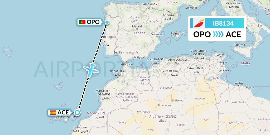 IB8134 Iberia Flight Map: Porto to Lanzarote