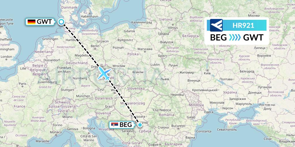 HR921 Hahn Air Flight Map: Belgrade to Sylt