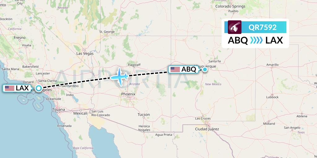 QR7592 Qatar Airways Flight Map: Albuquerque to Los Angeles