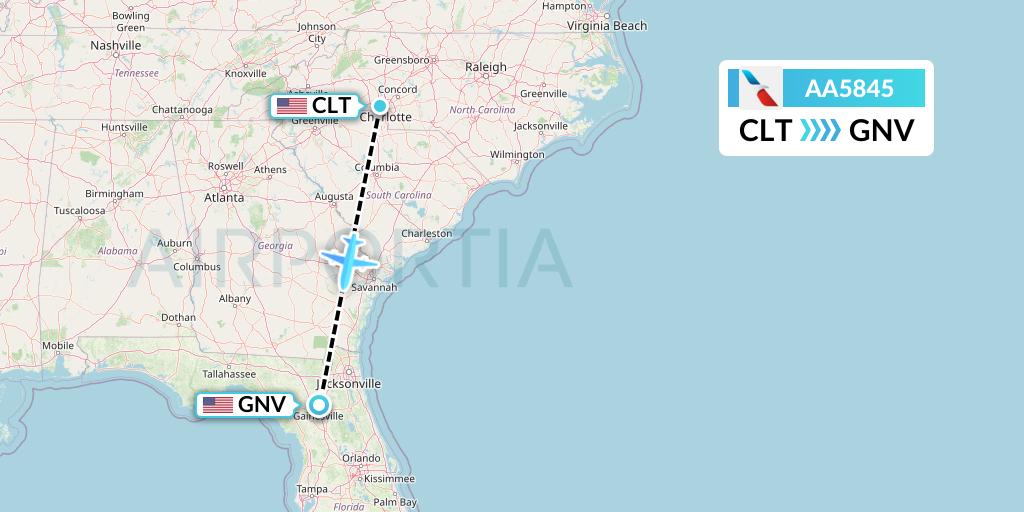 AA5845 American Airlines Flight Map: Charlotte to Gainesville