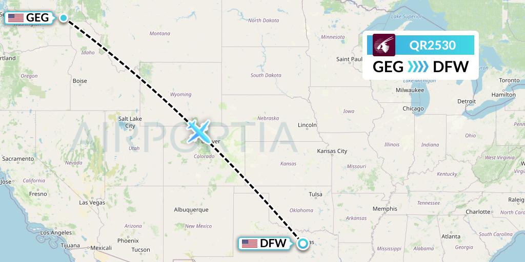 QR2530 Qatar Airways Flight Map: Spokane to Dallas