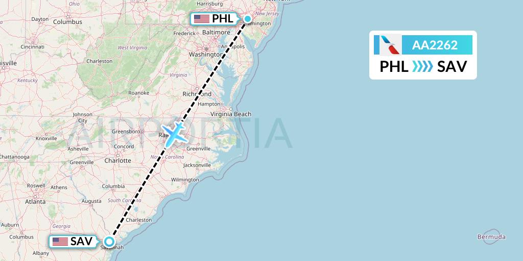 AA2262 American Airlines Flight Map: Philadelphia to Savannah