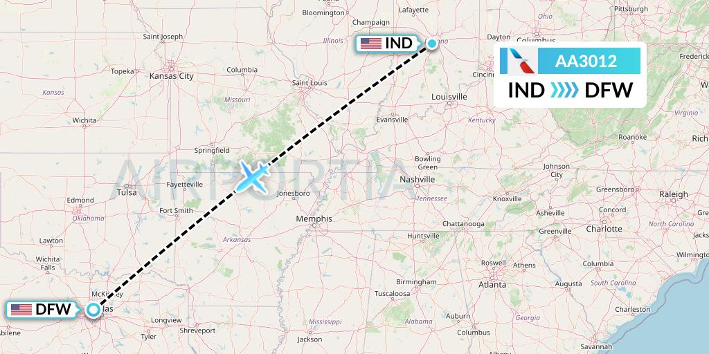 AA3012 American Airlines Flight Map: Indianapolis to Dallas