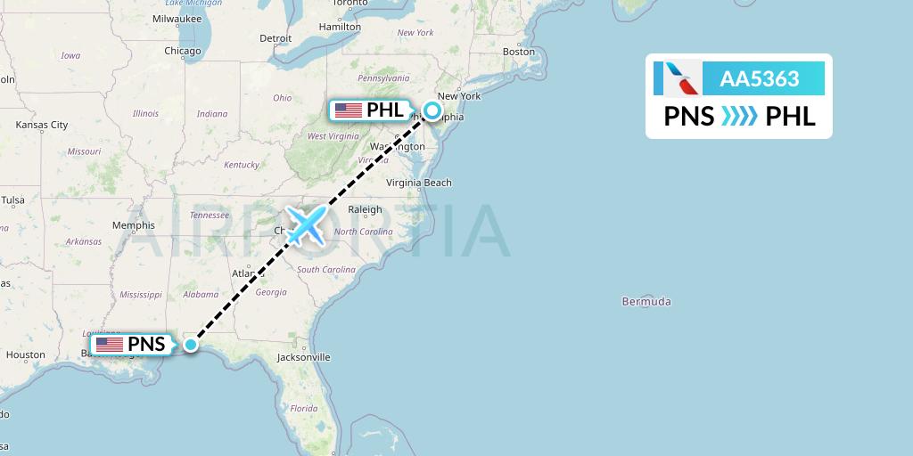 AA5363 American Airlines Flight Map: Pensacola to Philadelphia