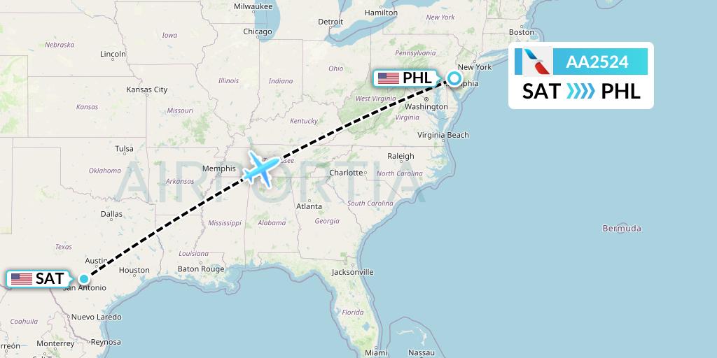 AA2524 American Airlines Flight Map: San Antonio to Philadelphia