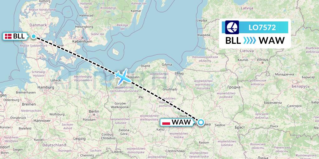 LO7572 LOT Flight Map: Billund to Warsaw