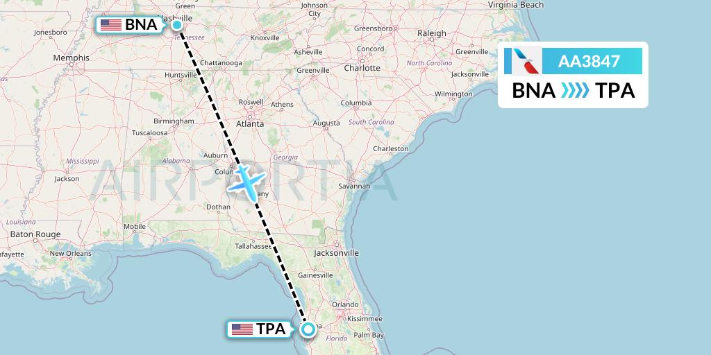 AA3847 American Airlines Flight Map: Nashville to Tampa