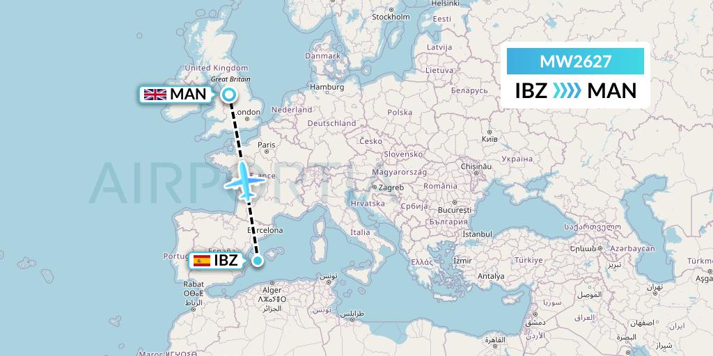 MW2627 Mokulele Flight Service Flight Map: Ibiza to Manchester