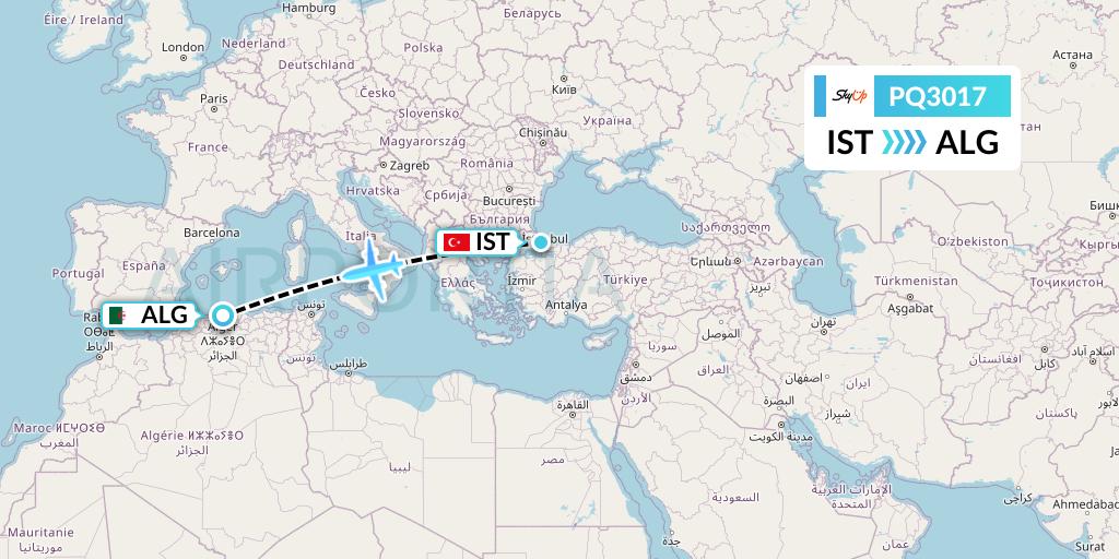PQ3017 SkyUp Airlines Flight Map: Istanbul to Algiers