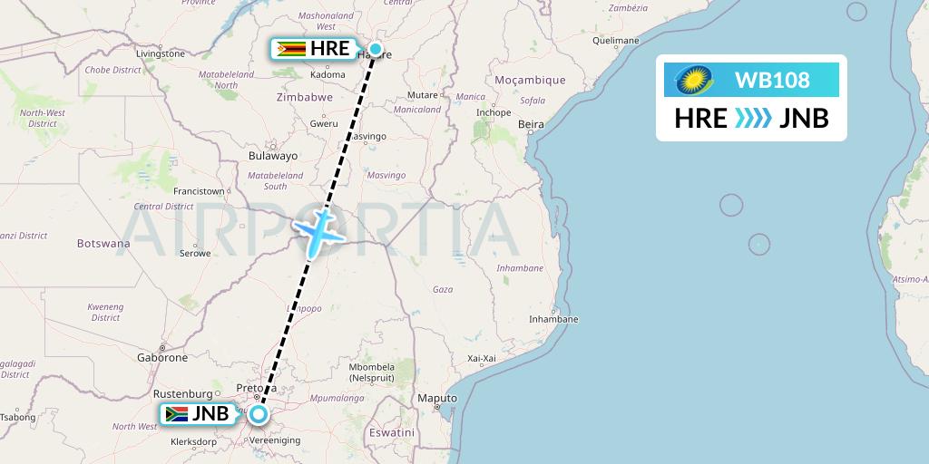 WB108 RwandAir Flight Map: Harare to Johannesburg