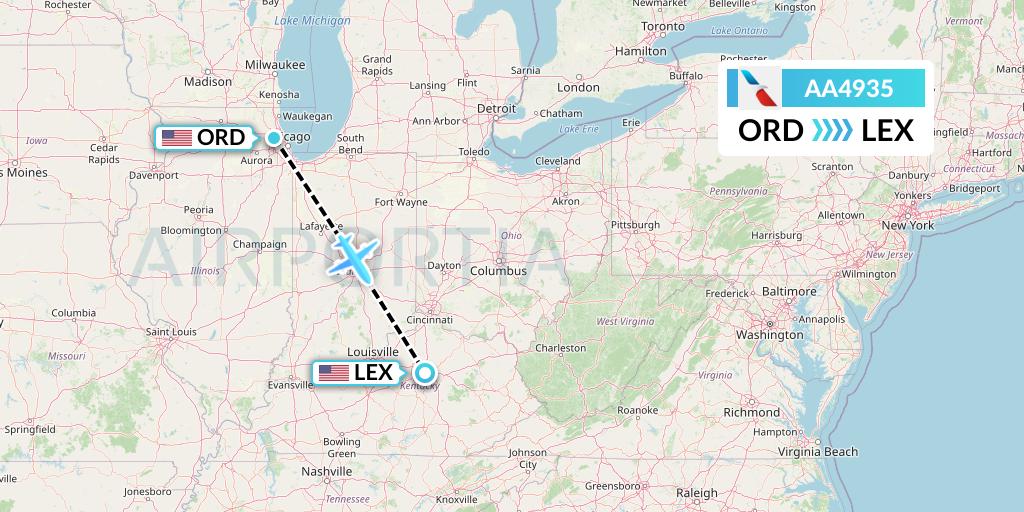 AA4935 American Airlines Flight Map: Chicago to Lexington