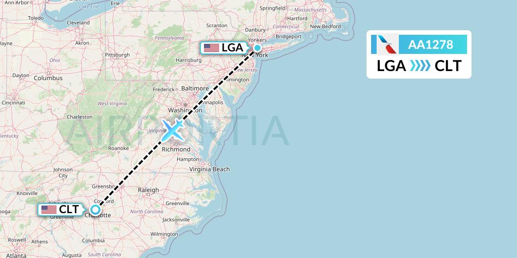 AA1278 American Airlines Flight Map: New York to Charlotte