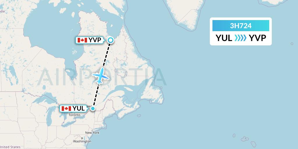 3H724 Air Inuit Flight Map: Montreal to Kuujjuaq