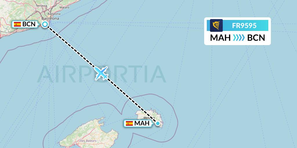 FR9595 Ryanair Flight Map: Mahon to Barcelona