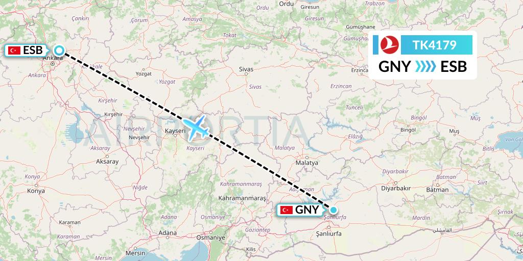 TK4179 Turkish Airlines Flight Map: Sanliurfa to Ankara