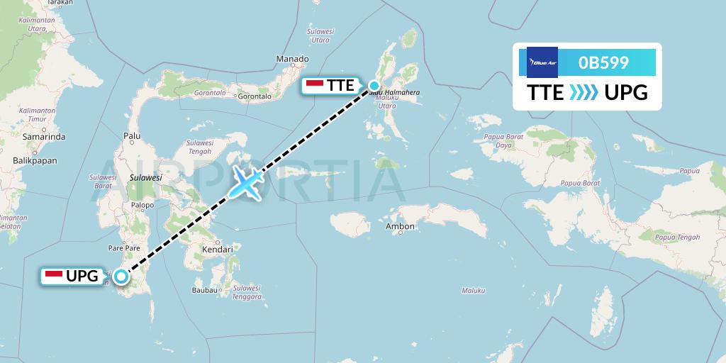 0B599 Blue Air Flight Map: Ternate to Makassar