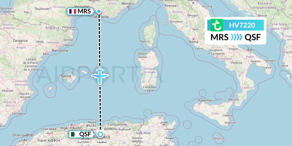HV7220 Transavia Flight Map: Marseille to Setif
