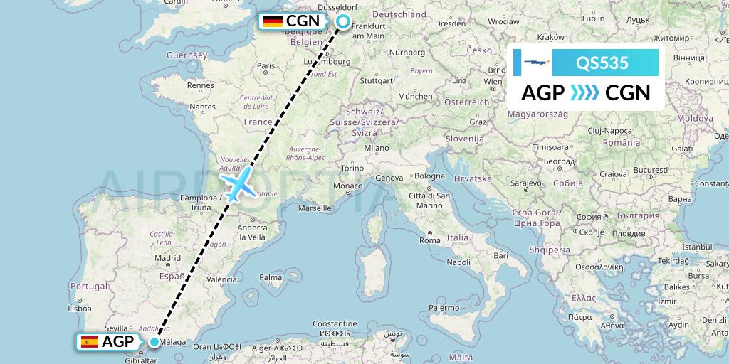 QS535 Smartwings Flight Map: Malaga to Cologne
