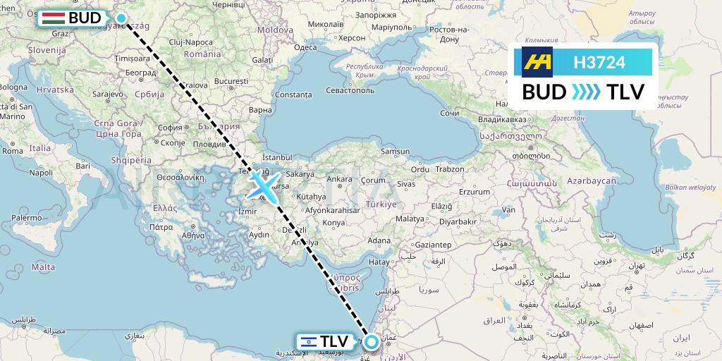 H3724 Harbour Air Flight Map: Budapest to Tel Aviv