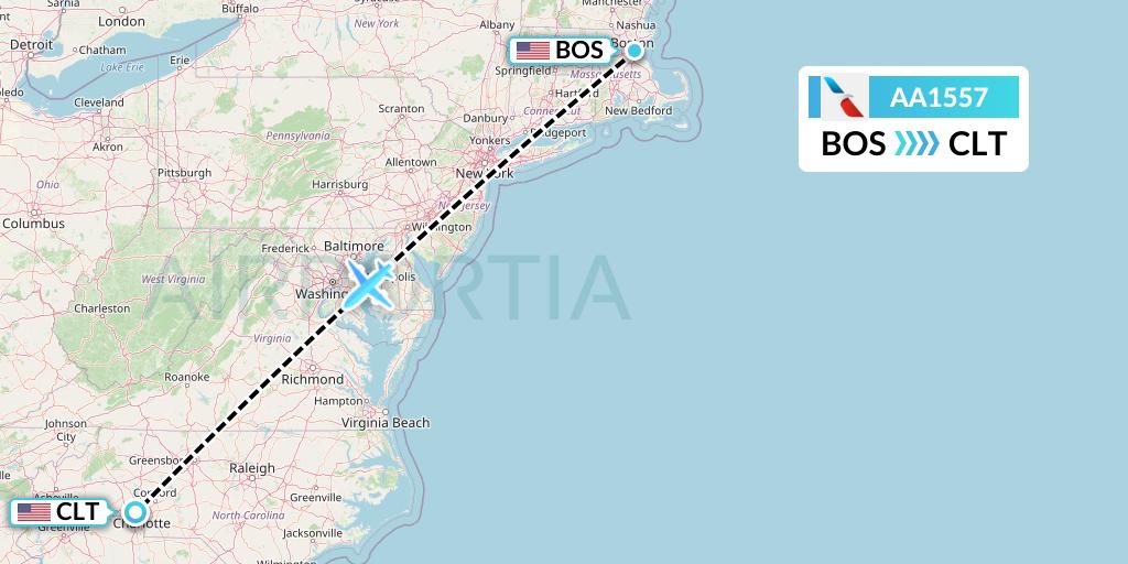 AA1557 American Airlines Flight Map: Boston to Charlotte