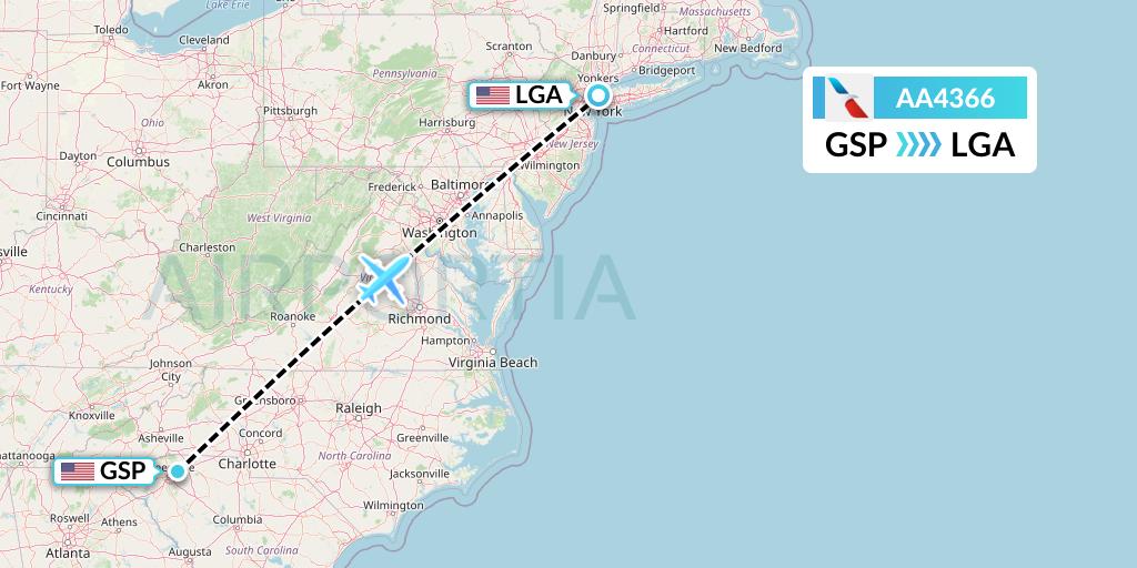 AA4366 American Airlines Flight Map: Greenville-Spartanburg to New York