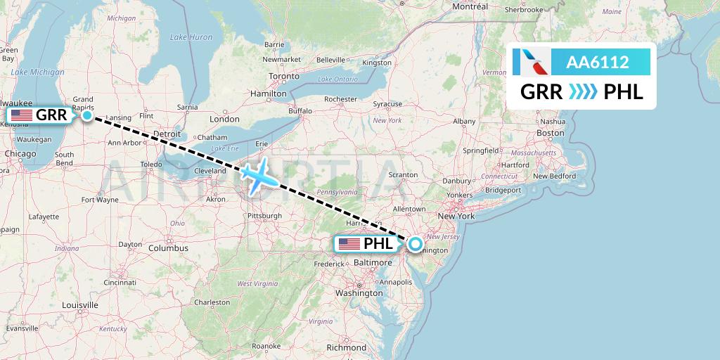AA6112 American Airlines Flight Map: Grand Rapids to Philadelphia