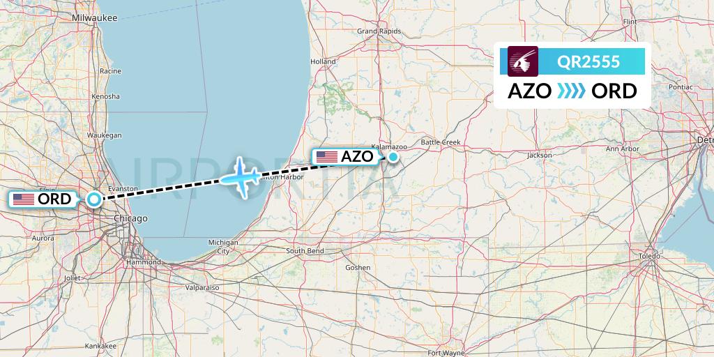 QR2555 Qatar Airways Flight Map: Kalamazoo to Chicago