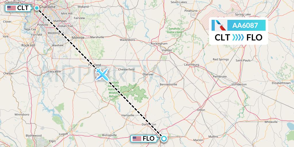 AA6087 American Airlines Flight Map: Charlotte to Florence