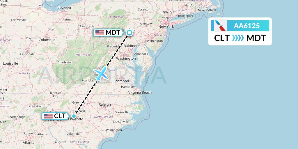 AA6125 American Airlines Flight Map: Charlotte to Harrisburg