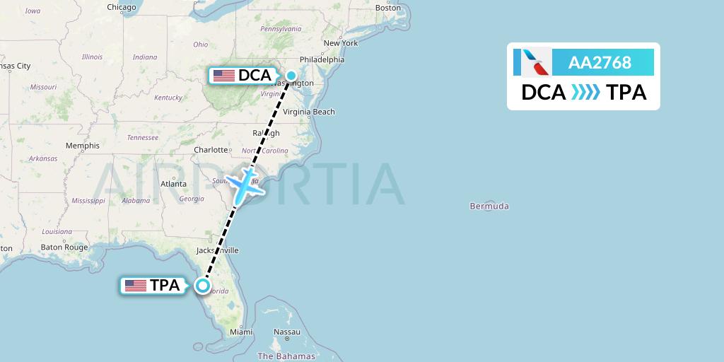 AA2768 American Airlines Flight Map: Washington to Tampa