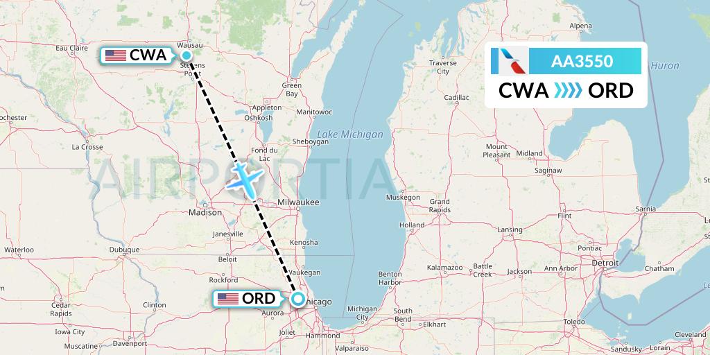 AA3550 American Airlines Flight Map: Wausau to Chicago