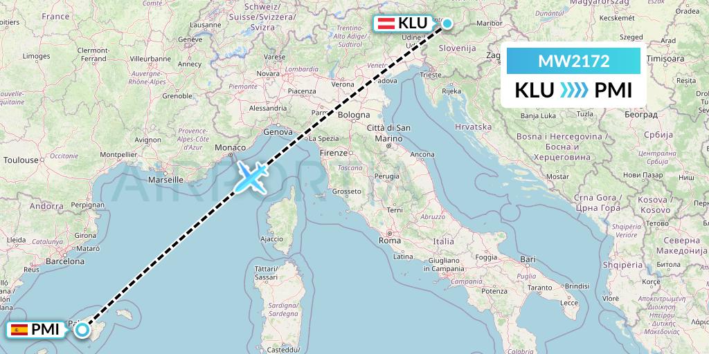 MW2172 Mokulele Flight Service Flight Map: Klagenfurt to Palma de Mallorca