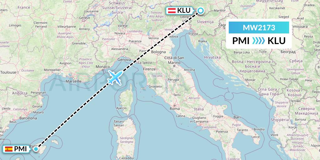 MW2173 Mokulele Flight Service Flight Map: Palma de Mallorca to Klagenfurt