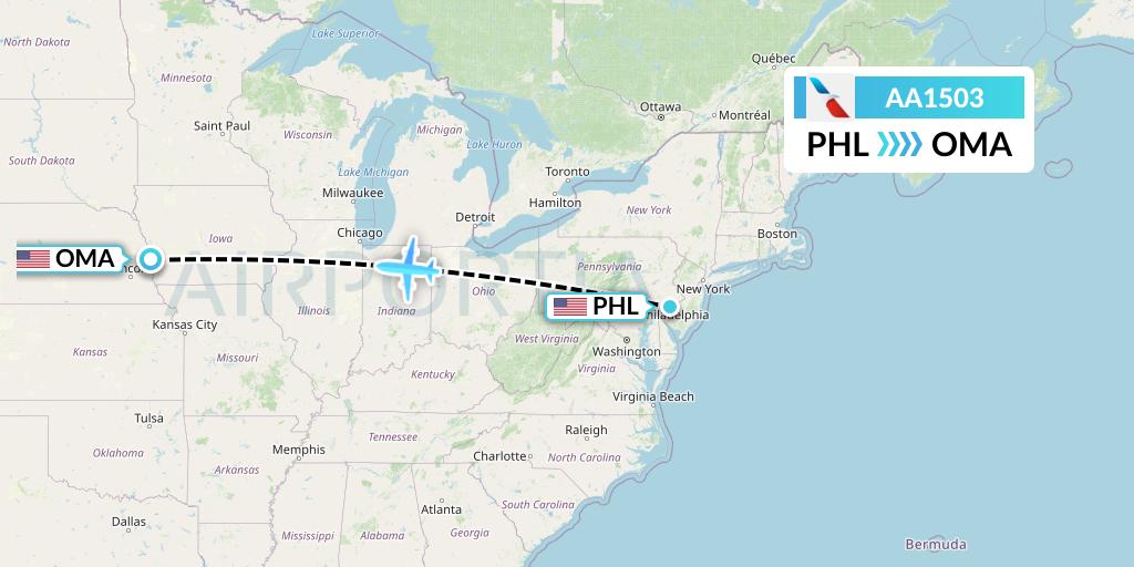 AA1503 American Airlines Flight Map: Philadelphia to Omaha