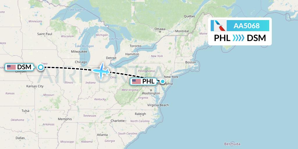 AA5068 American Airlines Flight Map: Philadelphia to Des Moines