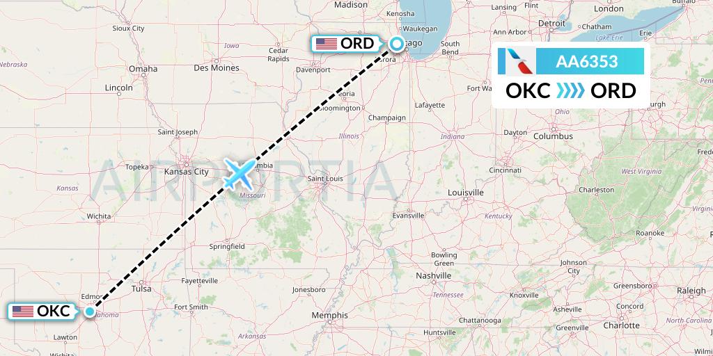 AA6353 American Airlines Flight Map: Oklahoma City to Chicago