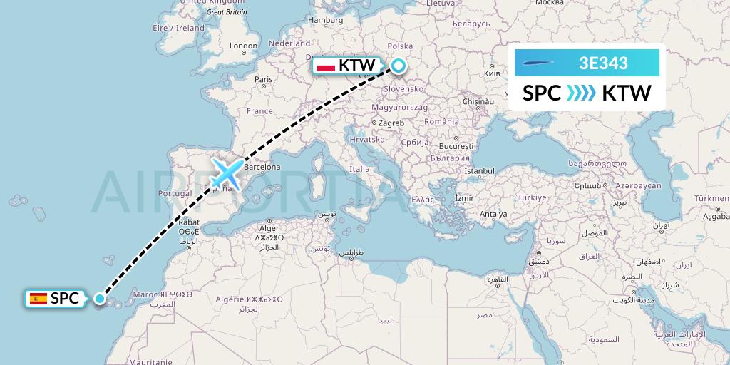 3E343 Air Choice One Flight Map: La Palma to Katowice