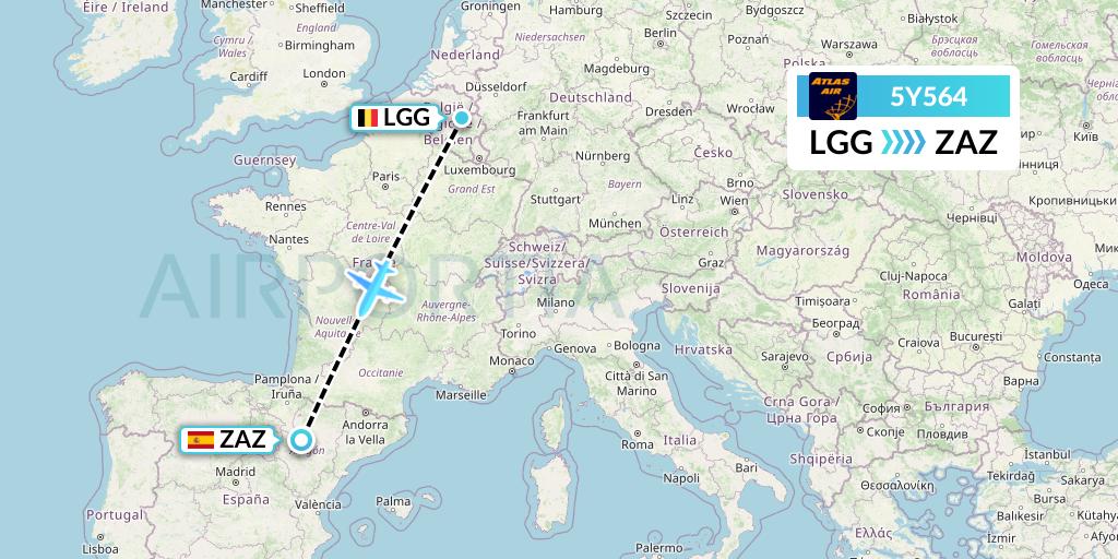 5Y564 Atlas Air Flight Map: Liege to Zaragoza