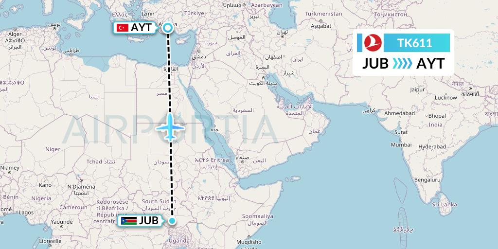 TK611 Turkish Airlines Flight Map: Juba to Antalya