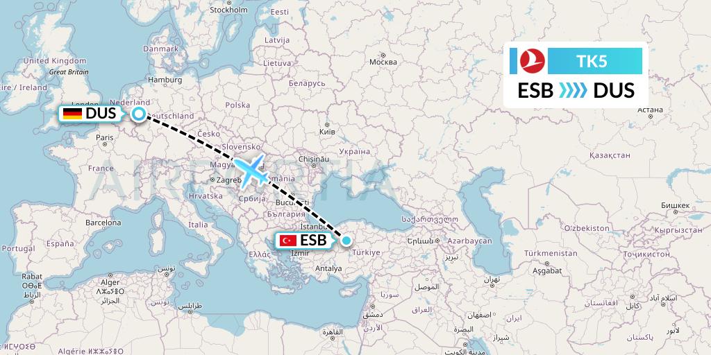 TK5 Turkish Airlines Flight Map: Ankara to Dusseldorf