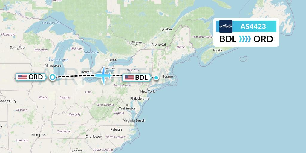 AS4423 Alaska Airlines Flight Map: Windsor Locks to Chicago