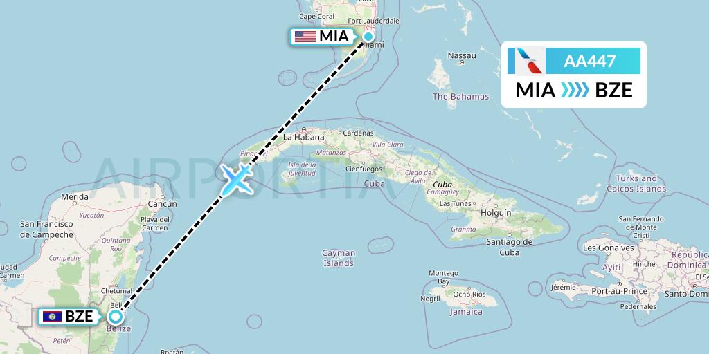AA447 American Airlines Flight Map: Miami to Belize City