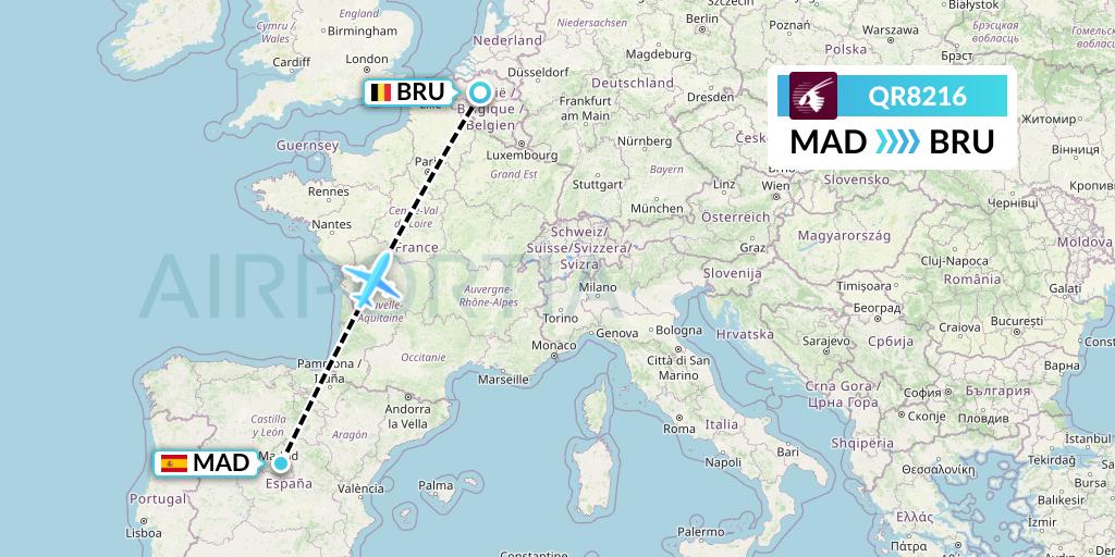 QR8216 Qatar Airways Flight Map: Madrid to Brussels
