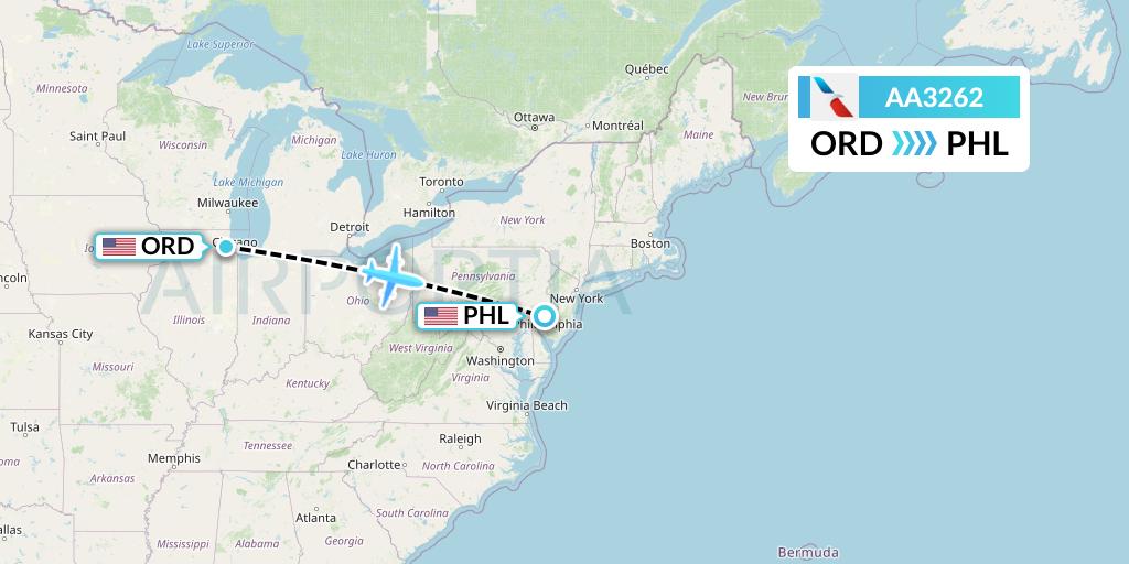 AA3262 American Airlines Flight Map: Chicago to Philadelphia