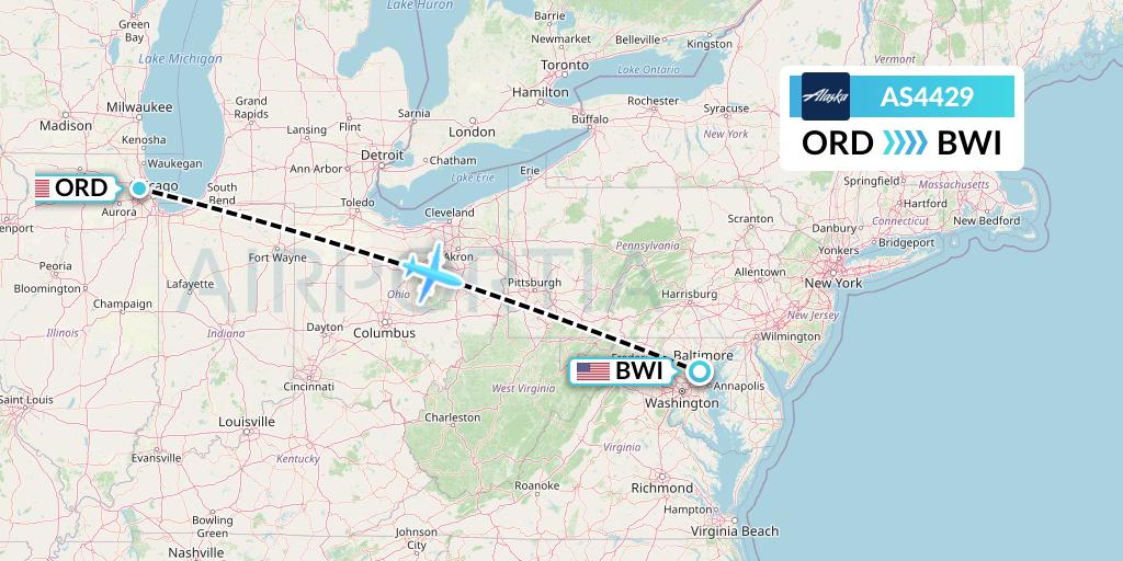 AS4429 Alaska Airlines Flight Map: Chicago to Baltimore