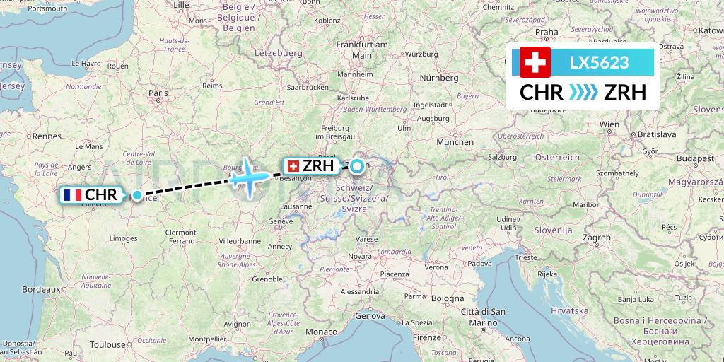 LX5623 Swiss Flight Map: Chateauroux to Zurich