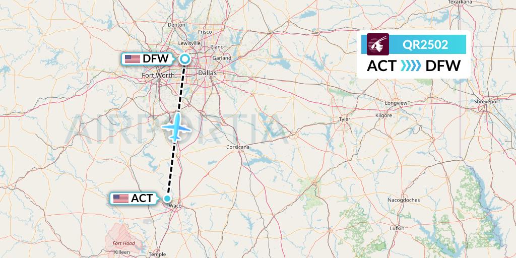 QR2502 Qatar Airways Flight Map: Waco to Dallas